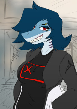 abstract_background anthro blue_body blue_hair blue_scales breasts clothing eyebrow_piercing eyelashes facial_piercing female gills grey_clothing grey_jacket grey_topwear hair hand_in_pocket jacket looking_at_viewer medium_breasts medium_hair multicolored_body multicolored_scales non-mammal_breasts piercing pockets red_eyes scales sharp_teeth smile snout solo teeth topwear two_tone_body two_tone_scales jacket_ignites valerie_(mellowcapsaicin) aquatic fish mackerel_shark megalodon prehistoric_species shark 2024 absurd_res digital_drawing_(artwork) digital_media_(artwork) hi_res