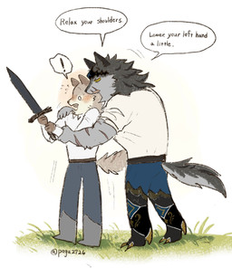 anthro black_body black_fur blush blush_lines brown_body brown_fur chibi clothed clothing dialogue duo fluffy fluffy_tail fur grey_body grey_fur kemono male male/male melee_weapon no_pupils outside pointy_ears simple_background sword tail tan_body tan_fur text weapon pegu2726 theo_(pegu2726) victus_(pegu2726) canid canine canis mammal wolf 2026 absurd_res comic english_text hi_res