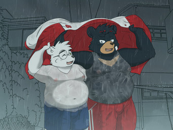 anthro belly black_body bottomwear clothing duo eyes_closed eyewear glasses humanoid_hands kemono male male/male moobs nipples outside overweight overweight_male pants raining shorts text wet white_body sangguri_32 bear mammal 2021 4:3 absurd_res english_text hi_res