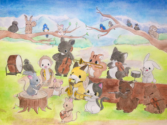 ambiguous_gender anthro beak black_body black_eyes black_fur brown_body brown_fur chibi day detailed_background eyes_closed feral fur grey_body grey_fur group mountain music musical_instrument outside percussion_instrument plant playing_music sitting sky string_instrument tree white_body white_fur wind_instrument fusau avian bear bird canid canine domestic_cat felid feline felis fox haplorhine lagomorph leporid mammal monkey mouse murid murine oscine passerine primate rabbit rodent suid suine sus_(pig) ursine wild_boar 2023 4:3 detailed hi_res traditional_media_(artwork)