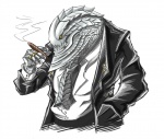 ambiguous_gender anthro cigar clothed clothing necktie ring simple_background smoke smoking solo suit white_background yellow_eyes tagane capcom monster_hunter flying_wyvern scalie ukanlos 2008