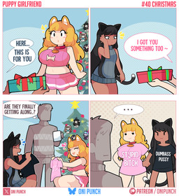 :3 big_breasts black_clothing black_eyes black_hair black_shirt black_tail black_topwear breasts christmas_tree clothing collar dark_body dark_skin dialogue dipstick_tail dot_eyes dotted_background ellipsis eye_contact eyelashes faceless_character faceless_human faceless_male female female_humanoid giving_gift group hair happy holidays huge_breasts looking_at_another male male_human markings open_mouth pattern_background pink_clothing pink_shirt pink_topwear plant profanity shirt simple_background simple_eyes standing sweater tail tail_markings text text_on_clothing text_on_shirt text_on_topwear tilde_after_text topwear tree trio white_tail_tip onigiri_punch christmas animal_humanoid canid canid_humanoid canine canine_humanoid cat_humanoid dog_humanoid felid felid_humanoid feline feline_humanoid human humanoid mammal mammal_humanoid absurd_res comic english_text hi_res