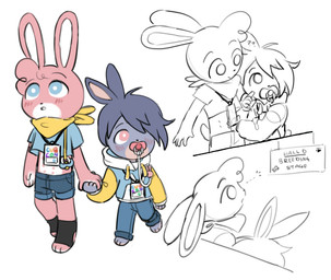 anthro blue_body blue_eyes blue_fur blush bottomwear clothed clothing crop_top denim denim_bottomwear denim_clothing duo footwear fur gesture hand_gesture hand_holding hoodie imminent_sex jeans male male/male pacifier pacifier_clip pants pink_body pink_eyes pink_fur pointing scarf shirt shorts socks sweater text topwear white_body white_fur young young_male young_on_young binkybnuuy cub_con haley_(binkybnuuy) harleigh_(binkybnuuy) lagomorph leporid mammal rabbit partially_colored pastel_theme