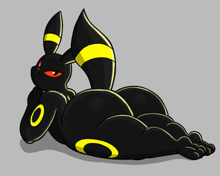 ambiguous_gender anthro big_butt black_body black_fur butt closed_frown feet frown fur grey_background looking_at_viewer looking_back looking_back_at_viewer lying mouth_closed nude_anthro on_front paws raised_tail red_sclera simple_background soles solo tail toes hyenakenisis nintendo pokemon eeveelution generation_2_pokemon pokemon_(species) umbreon hi_res