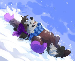 anthro black_body black_fur black_nose blue_scarf blue_sky brown_clothing brown_hair brown_jacket brown_topwear cheek_tuft clothing eyes_closed facial_tuft fangs fur grey_body grey_fur hair happy jacket lying male markings on_back open_mouth open_smile outside red_tongue scarf sky smile snow snowing solo striped_body striped_fur striped_markings striped_tail stripes tail tail_markings teeth tongue topwear tuft unsigned corzh77 canid canine fox mammal absurd_res hi_res