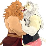 anthro beard black_clothing black_shirt black_tank_top black_topwear bodily_fluids bottomwear braided_hair clothed clothing crossover_ship duo ear_piercing eyes_closed facial_hair french_kissing fur hair kissing male male/male muscular muscular_male nipples orange_body orange_fur piercing pink_bottomwear pink_clothing pink_shorts saliva saliva_on_tongue shirt shorts simple_background tank_top tongue tongue_out topless topless_male topwear white_background white_body white_fur yellow_body yellow_fur cat_n1p afk_arena afk_journey dislyte lilith_games brutus_(afk_arena) javid_(dislyte) felid lion mammal pantherine 1:1 absurd_res crossover hi_res