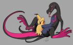 ambiguous/ambiguous ambiguous_gender anthro bodily_fluids duo grey_background looking_pleasured on_model open_mouth purple_sclera saliva sex simple_background spread_legs spreading disturbed-mind nintendo pokemon generation_7_pokemon ghost mimikyu pokemon_(species) salazzle scalie spirit digital_media_(artwork)