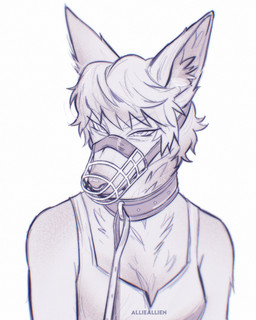 anthro breasts clothing collar eyeliner facial_piercing fluffy fluffy_ears gynomorph hair inner_ear_fluff intersex leash leashed_collar makeup muzzle_(object) muzzled nose_piercing nose_ring piercing ring_piercing short_hair simple_background small_breasts solo topwear tuft allie_allien eva_acephale canid canine canis mammal wolf 4:5 hi_res nonbinary_(lore) trans_(lore) trans_woman_(lore)