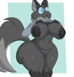 anthro big_breasts big_butt bottomless breasts butt clothed clothing eyewear female fur genitals glasses grey_body grey_fur nipples nude pussy smile solo sweater sweater_only topwear topwear_only coffee_demon michelle_(vanillabeangoat) canid canine fox mammal absurd_res hi_res