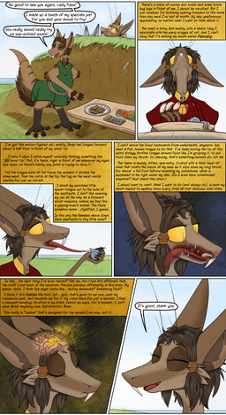 anthro brain brown_body brown_fur clothing dialogue female fur green_clothing house_ivenmoth_uniform male organs red_clothing tail text tongue tongue_out yellow_sclera valsalia out-of-placers kassen_akoll poak_(oop) gastropod mammal mollusk snail yinglet comic english_text hi_res letterbox