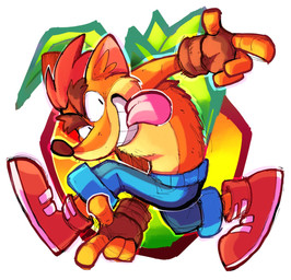 anthro bottomwear brown_hair clenched_teeth clothed clothing duo eyebrows finger_gun fingerless_gloves food footwear fruit fur gesture gloves grin hair hand_gesture handwear inner_ear_fluff male midair mohawk orange_body orange_fur pants plant pose red_hair shoes smile sonic_adventure_pose tan_body tan_fur teeth thick_eyebrows tongue topless tuft wumpa_fruit alexiswolfy_(artist) activision crash_bandicoot_(series) crash_bandicoot bandicoot mammal marsupial 2020 hi_res