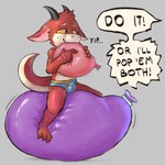anthro balloon balloon_fetish biped bite briefs bulge clothed clothing freckled_face freckled_legs freckled_shoulders freckled_tail freckles grey_background holding_balloon horn inflatable male nervous simple_background solo speech_bubble tail text underwear underwear_only yipping young young_male badipoki kobold scalie 1:1 2025 absurd_res english_text hi_res