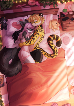 anthro clothing cuddling detailed_background duo electronics eyes_closed female hug male male/female mouth_closed phone plushie tail siwiko felid leopard mammal pantherine hi_res