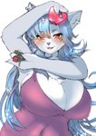 :3 anthro big_breasts biped blue_hair blush bottle breasts cheek_tuft chest_tuft claws cleavage clothed clothing container countershade_fur countershade_hands countershade_torso countershading digit_ring dress ear_piercing ear_ring ear_stud eyelashes facial_markings facial_tuft female female_anthro finger_claws fluffy front_view fully_clothed fur glistening glistening_eyes glistening_hair grey_body grey_ears grey_fur grey_hair grey_nose hair handpaw head_markings heart_bottle heart_symbol holding_lipstick holding_object huge_breasts jewelry kemono lipstick lipstick_(object) long_hair looking_at_viewer makeup markings mature_anthro mature_female monotone_hair multicolored_body multicolored_fur muzzle_(marking) navel_outline open_:3 open_mouth open_smile paws piercing pink_clothing pink_dress pink_tongue pose raised_arm red_eyes ring ring_piercing smile snout snout_markings solo standing tight_clothing tight_dress tongue tuft two_tone_body two_tone_fur white_body white_claws white_countershading white_fur white_inner_ear shikibetsuko canid canine canis mammal wolf 2022 absurd_res colored digital_media_(artwork) half-length_portrait hi_res portrait shaded