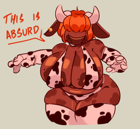 animal_print animal_print_bikini animal_print_thigh_highs anthro areola big_breasts bikini breasts brown_areola brown_body brown_fur clothing cow_print cow_print_bikini cow_print_elbow_gloves cow_print_thigh_highs ear_piercing ear_ring ears_down female fur grey_background hair horn huge_breasts legwear navel orange_hair pattern_bikini pattern_clothing pattern_legwear pattern_swimwear pattern_thigh_highs piercing pivoted_ears ring_piercing short_hair simple_background skindentation solo standing swimwear text thick_thighs thigh_highs two-piece_swimsuit white_horn wide_hips hangedc judy_(hangedc) bovid bovine cattle mammal english_text hi_res