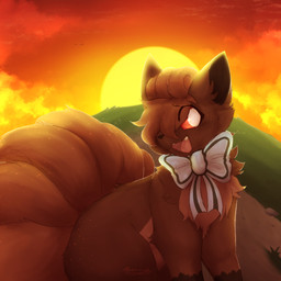 ambiguous_gender backlighting brown_body brown_fur cheek_tuft cloud facial_tuft feral fur happy light looking_at_viewer multi_tail open_mouth sharpedo_bluff sitting sky solo sunset tail tuft razorwiind nintendo pokemon pokemon_mystery_dungeon spike_chunsoft berri_(yesthisisgoocat) generation_1_pokemon pokemon_(species) vulpix 1:1 2025 digital_media_(artwork) hi_res lighting shaded