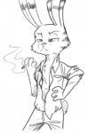 anthro bottomwear cigarette clothed clothing facial_markings head_markings holding_object male markings pants partially_clothed scut_tail short_tail solo standing stripes tail boreoboros disney zootopia jack_savage lagomorph leporid mammal rabbit hi_res monochrome sketch