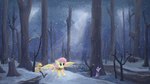 female flying forest horn ice_skating light light_beam open_mouth outside plant running scarf smile snow snowing spread_wings sunbeam sunlight tree wings callichrome friendship_is_magic hasbro my_little_pony mythology applejack_(mlp) fluttershy_(mlp) pinkie_pie_(mlp) rainbow_dash_(mlp) rarity_(mlp) twilight_sparkle_(mlp) avian bird equid equine mammal mythological_creature mythological_equine pegasus unicorn 16:9 4k absurd_res hi_res widescreen