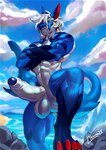 anthro balls big_balls big_penis biped blue_body blue_glans claws cloud detailed_background genitals glans hair huge_penis humanoid_genitalia humanoid_penis male muscular muscular_anthro muscular_male penis red_claws red_sclera sharp_teeth sky_background solo teeth wet wet_body white_balls white_body white_eyes white_hair white_penis obaum wadetheshark fish marine shark 2023 digital_media_(artwork) hi_res