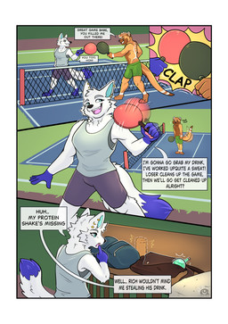 anthro border dialogue dipstick_tail duo female male markings pickleball potion potion_bottle sport tail tail_markings text white_border orionmeles rich_the_otter canid canine fox mammal mustelid otter absurd_res comic english_text hi_res