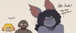 anthro bat_nose beak big_ears blonde_hair blush blush_lines brown_body brown_feathers closed_smile cute_fangs dialogue ear_piercing eye_through_hair eyes_closed fangs feathers female female_anthro front_view fur grey_body grey_fur group hair looking_at_another male male_anthro motion_lines mouth_closed piercing simple_background smile talking_to_another teasing teeth text translucent translucent_hair trio the-minuscule-task cam_(the-minuscule-task) ipomoea_(the-minuscule-task) tweety_(the-minuscule-task) avian bat bird mammal murid murine rat rodent comic english_text