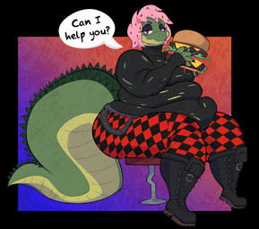 annoyed anthro back_rolls belly belly_folds belly_overhang belly_rolls big_belly big_butt big_tail boots bottomwear breasts burger butt claws clothed clothing cross-eyed dialogue eyeshadow fat_rolls female food footwear front_view frown fully_clothed furniture green_body green_scales green_spines hair half-closed_eyes holding_burger holding_food holding_object leggings legwear looking_at_viewer love_handles makeup multicolored_body narrowed_eyes non-mammal_breasts obese obese_anthro obese_female overbite overweight overweight_anthro overweight_female pants pink_hair purple_eyes scales sharp_teeth shirt shoes short_hair simple_background sitting solo speech_bubble spines stool tail tail_spines teeth text thick_tail thick_thighs three-quarter_view tight_bottomwear tight_clothing tight_pants tight_shirt tight_topwear topwear yellow_body yellow_scales aimbot-jones olivia_(lunch_parade) alligator alligatorid crocodilian reptile scalie english_text hi_res