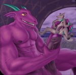 abs anthro biceps colored_nails duo extreme_size_difference holding_character male male/male micro micro_in_hand muscular nails purple_body size_difference tail teeth yellow_eyes ahundred mythology canid canine canis coyote dragon mammal mythological_creature mythological_scalie scalie hi_res