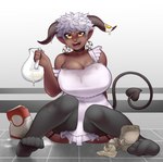 apron big_breasts black_sclera blush blush_lines breasts choker cleavage clothed clothing curved_horn dark_body dark_skin ear_piercing ear_ring egg female flour front_view grey_clothing grey_horn grey_legwear grey_stockings hair holding_object horizontal_pupils horn huge_breasts humanoid_pointy_ears jewelry legwear looking_at_viewer necklace open_mouth open_smile piercing pointy_ears pupils ring_piercing short_hair sitting smile solo spade_tail stockings tail thick_thighs white_apron white_clothing white_hair wide_hips yellow_eyes imaginaricide plus-sized_elf satero_(plus-sized_elf) demon demon_humanoid horned_humanoid humanoid satyr tailed_humanoid hi_res