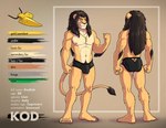 anthro black_clothing black_hair black_underwear border bulge clothed clothing detailed_bulge genital_outline green_eyes hair jewelry long_hair male muscular palette pendant penis_outline proud pubes simple_background smile solo tan_background tan_body text underwear white_border greenpanda kodiak_(kodiak079) felid lion mammal pantherine english_text model_sheet