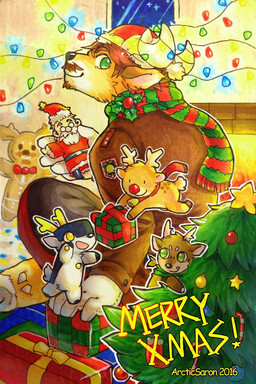 anthro black_body black_bottomwear black_clothing black_fur black_nose black_pants bottomwear brown_clothing brown_hair brown_topwear chibi christmas_decorations christmas_lights christmas_tree closed_smile clothed clothing ears_back fur furnace gift glistening glistening_nose green_eyes group hair holidays inside male mouth_closed no_pupils pants pivoted_ears plant puppet red_bottomwear red_clothing red_pants simple_eyes sitting smile tan_body tan_fur text three-quarter_view topwear tree white_body white_fur yellow_eyes asnnonaka christmas deer mammal 2016 artist_name dated hi_res