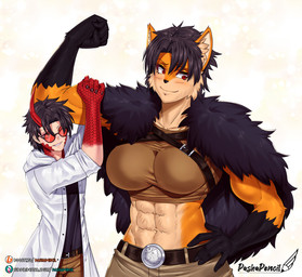 abs anthro belt biceps big_breasts black_hair breasts countershading duo female flexing fur gloves_(marking) hair larger_female male markings midriff multicolored_body multicolored_fur muscular muscular_female orange_body orange_fur red_body red_eyes red_scales scales size_difference smaller_male tan_body tan_fur pashapencil mythology animal_humanoid canid canine dragon dragon_humanoid fox humanoid mammal mythological_creature mythological_scalie scalie hi_res