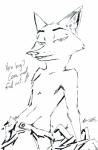 2018 absurd_res anthro black_and_white bottomwear canid canine cheek_tuft clothed clothing dialogue digital_drawing_(artwork) digital_media_(artwork) disney english_text facial_tuft fox half-closed_eyes heart_symbol hi_res leaning leaning_backward looking_at_viewer male mammal monochrome narrowed_eyes navel nick_wilde open_bottomwear open_clothing open_pants pants red_fox simple_background solo suggestive text thewyvernsweaver topless true_fox tuft white_background zootopia