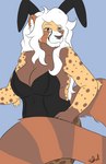 anthro breasts brown_body brown_fur bunny_costume clothed clothing costume fake_ears fake_rabbit_ears female fur hair looking_at_viewer simple_background smile solo spots white_hair yellow_body yellow_fur sa-chat shirt_cut_meme ailurid cheetah felid feline hybrid mammal red_panda kira_(disambiguation) 2021 digital_media_(artwork) hi_res meme