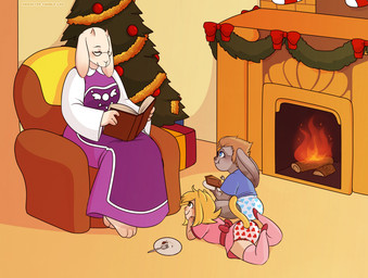 anthro armchair baubles chair christmas_stocking christmas_tree clothing cutlery diaper dress eyewear female fireplace food fork furniture garland gift glasses group holidays kitchen_utensils male pastry pie plant shirt t-shirt tinsel tools topwear tree trio young young_humanoid merunyaa christmas undertale_(series) chairiel toriel animal_humanoid boss_monster_(undertale) cat_humanoid felid felid_humanoid feline feline_humanoid humanoid lagomorph mammal mammal_humanoid hi_res