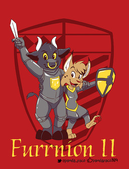 anthro armor barefoot black_body black_fur brown_body brown_fur clothed clothing duo facial_piercing feet female female_anthro front_view fur glistening glistening_eyes holding_melee_weapon holding_object holding_shield holding_sword holding_weapon horn looking_at_viewer male male_anthro melee_weapon nose_piercing nose_ring open_mouth open_smile piercing ring_piercing septum_piercing septum_ring shield simple_background smile standing sword weapon white_horn pandapaco bovid bovine cattle felid feline lynx mammal