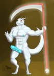 anthro big_penis blue_nipples blue_penis bodily_fluids genital_fluids genitals heterochromia holding_scythe horn knot male melee_weapon muscular muscular_male nipples nude penis polearm precum ridged_penis scythe smile smiling_at_viewer smirk smirking_at_viewer solo standing tail thick_tail weapon white_body ixthyria auxen kobold scalie absurd_res hi_res