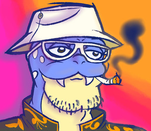 anthro beard black_clothing blue_body cigarette cigarette_in_mouth clothing eyewear facial_hair glasses hat headgear headwear male object_in_mouth simple_background smile solo fenrir_lives nintendo pokemon majuular generation_3_pokemon pokemon_(species) spheal 2022 bust_portrait digital_media_(artwork) portrait