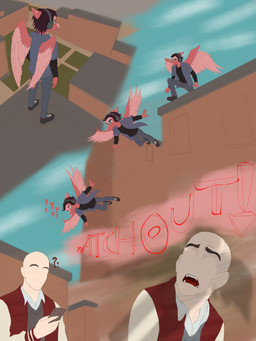 anthro bald biped black_clothing black_shirt black_topwear bone_frill bottomwear brown_hair building clothed clothed_anthro clothed_human clothed_male clothing confusion day dialogue duo electronics falling feathered_wings feathers fingers frill_(anatomy) green_eyes grey_bottomwear grey_clothing grey_jacket grey_pants grey_topwear hair headphones humanoid_hands jacket jumping male markings nervous open_clothing open_jacket open_mouth open_topwear outside pants question_mark red_body red_feathers red_scales scales scared shadow shirt short_hair shout sky smile standing striped_markings stripes surprised talking_to_another text topwear wide_eyed wings ryangoslinghorny devlog:_a_post-modern_college_experience dev_(devlog) theo_(devlog) human mammal prehistoric_species pterosaur reptile scalie 3:4 absurd_res colored english_text hi_res shaded