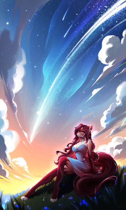 anthro breasts classy cleavage clothed clothing dress ear_piercing ear_ring female flower grass inner_ear_fluff meteor nature outside piercing plant ring_piercing sitting solo sparkles tuft laffisa canid canine fox mammal absurd_res hi_res