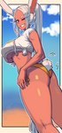 bikini bikini_bottom breasts butt clothing female grin hair midriff one_eye_closed ponytail shirt smile solo swimwear tan_body tan_skin tied_shirt topwear two-piece_swimsuit under_boob white_hair wink powtaytow3333 my_hero_academia rumi_usagiyama animal_humanoid humanoid lagomorph lagomorph_humanoid leporid_humanoid mammal mammal_humanoid rabbit_humanoid absurd_res hi_res