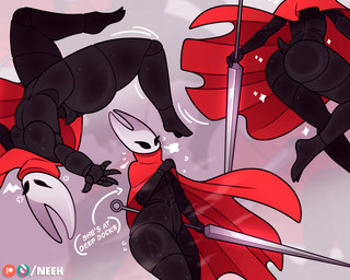 alternate_form anthro backflip bodily_fluids breasts butt cape cape_only cloak cloak_only clothing female holding_object holding_weapon jumping melee_weapon mostly_nude small_breasts solo steam sweat sweatdrop sweaty_body sweaty_butt sweaty_legs sweaty_thighs sword tail thick_thighs weapon wide_hips neeh hollow_knight_(franchise) team_cherry hornet_(hollow_knight) arthropod humanoid hybrid insect absurd_res hi_res