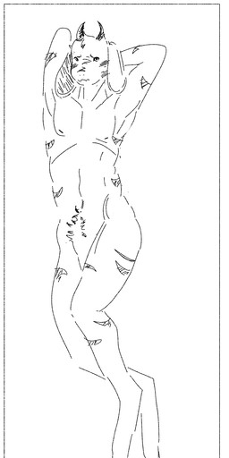 anthro border floppy_ears hands_behind_head hooves horn looking_at_viewer lying male on_front pecs pubes solo white_border armedantagonist undertale undertale_(series) asriel_dreemurr_(god_form) bovid caprine goat humanoid mammal hi_res monochrome