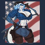 abs american_flag anthro belt belt_buckle big_breasts blue_bottomwear blue_clothing blue_eyes blue_jeans blue_pants bottomwear breasts buckle bulge chaps clothing cowboy_hat denim denim_bottomwear denim_clothing eyewear fingerless_gloves glasses gloves gun gun_holster gynomorph handgun handwear hat headgear headwear holster holstered_pistol intersex jeans muscular muscular_gynomorph muscular_intersex pants pattern_clothing pattern_shirt pattern_topwear pistol plaid plaid_clothing plaid_shirt plaid_topwear ranged_weapon shirt solo stripes topwear united_states_of_america weapon wmdiscovery93 nika_sharkeh fish marine shark hi_res