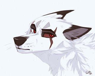 ambiguous_gender black_nose ears_back facial_markings feral fur glistening glistening_eyes grey_inner_ear_fluff head_markings head_tuft inner_ear_fluff markings mouth_closed neck_tuft pivoted_ears red_eyes side_view simple_background solo tuft whiskers white_background white_body white_fur unknowhiter canid canine canis mammal 2015 signature