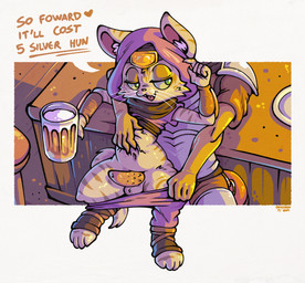 alcohol animal_genitalia animal_penis anthro balls bedroom_eyes beer beer_mug beverage bottomwear bottomwear_down clothed clothing container cup dialogue duo erection feet feline_genitalia feline_penis fur furniture genitals half-closed_eyes holding_container holding_cup holding_mug holding_object holding_partner hoodie male male/male mug narrowed_eyes pants pants_down partially_clothed penile penile_spines penis prostitution raised_clothing raised_topwear seductive sitting smile spread_legs spreading stool tail tavern text toes topwear undressing undressing_another onihidden dungeons_and_dragons hasbro wizards_of_the_coast domestic_cat felid feline felis mammal pantherine tabaxi absurd_res digital_media_(artwork) english_text hi_res