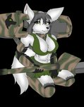 anthro breasts cannon cleavage clothed clothing crop_top female fenririan fur inner_ear_fluff looking_at_viewer mecha_musume military navel ranged_weapon shirt skimpy smile solo tank topwear tuft vehicle weapon white_body white_fur wolfeddown tank_girl sasha_(wolfeddown) canid canine canis mammal wolf 2021 absurd_res alpha_channel hi_res