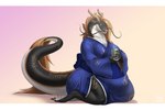 2_horns anthro antlers asian_clothing barbel_(anatomy) belly big_belly black_body black_scales blue_clothing blue_eyes breasts brown_hair claws clothed clothing container cup digitigrade female flesh_whiskers fully_clothed hair half-closed_eyes horn huge_belly kneeling morbidly_obese morbidly_obese_female narrowed_eyes obese obese_female overweight overweight_female scales simple_background solo tail tail_tuft thick_thighs tuft white_body wide_hips biglovealicia mythology song_(lovic) dragon eastern_dragon mythological_creature mythological_scalie scalie 2023 detailed full-length_portrait hi_res portrait shaded signature soft_shading