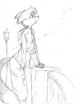 anthro bottomwear canid canine chochi clothed clothing femboy fox fully_clothed greyscale hood jacket lamp long_tail lovely_pets male mammal mike_blade monochrome outside pants rolled_up_sleeves sketch solo tail topwear traditional_media_(artwork) wind