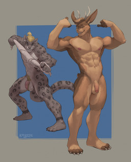 abs anthro antlers balls blue_eyes claws duo eyes_closed finger_claws flaccid flexing flexing_bicep flexing_both_biceps fur genitals glans grey_body grey_fur hair hairs horn humanoid_genitalia humanoid_penis leopard_spots male male/male muscular muscular_anthro muscular_male nipples nude nude_anthro nude_male penis plantigrade ponytail pubes spots standing tail tan_body tan_fur toe_claws towel towel_whip whisker_spots whiskers kaynine avery_(finfenart) kjartan_avari_(philian199) felid jackalope lagomorph mammal pantherine snow_leopard 2026 digital_media_(artwork) hi_res