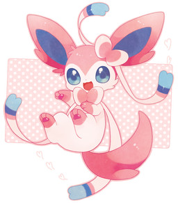 3_toes ambiguous_gender blue_body blue_eyes blue_fur blue_inner_ear blue_markings blue_stripes bow_(anatomy) digitigrade dotted_background feet feral fur gloves_(marking) head_markings heart_symbol leg_markings markings open_mouth open_smile pattern_background pawpads paws pink_body pink_fur pink_markings pink_pawpads pink_stripes pink_tail raised_hand simple_background smile socks_(marking) solo stripes tail toes white_body white_fur michi_runi nintendo pokemon eeveelution generation_6_pokemon mammal pokemon_(species) sylveon digital_media_(artwork) unavailable_at_source